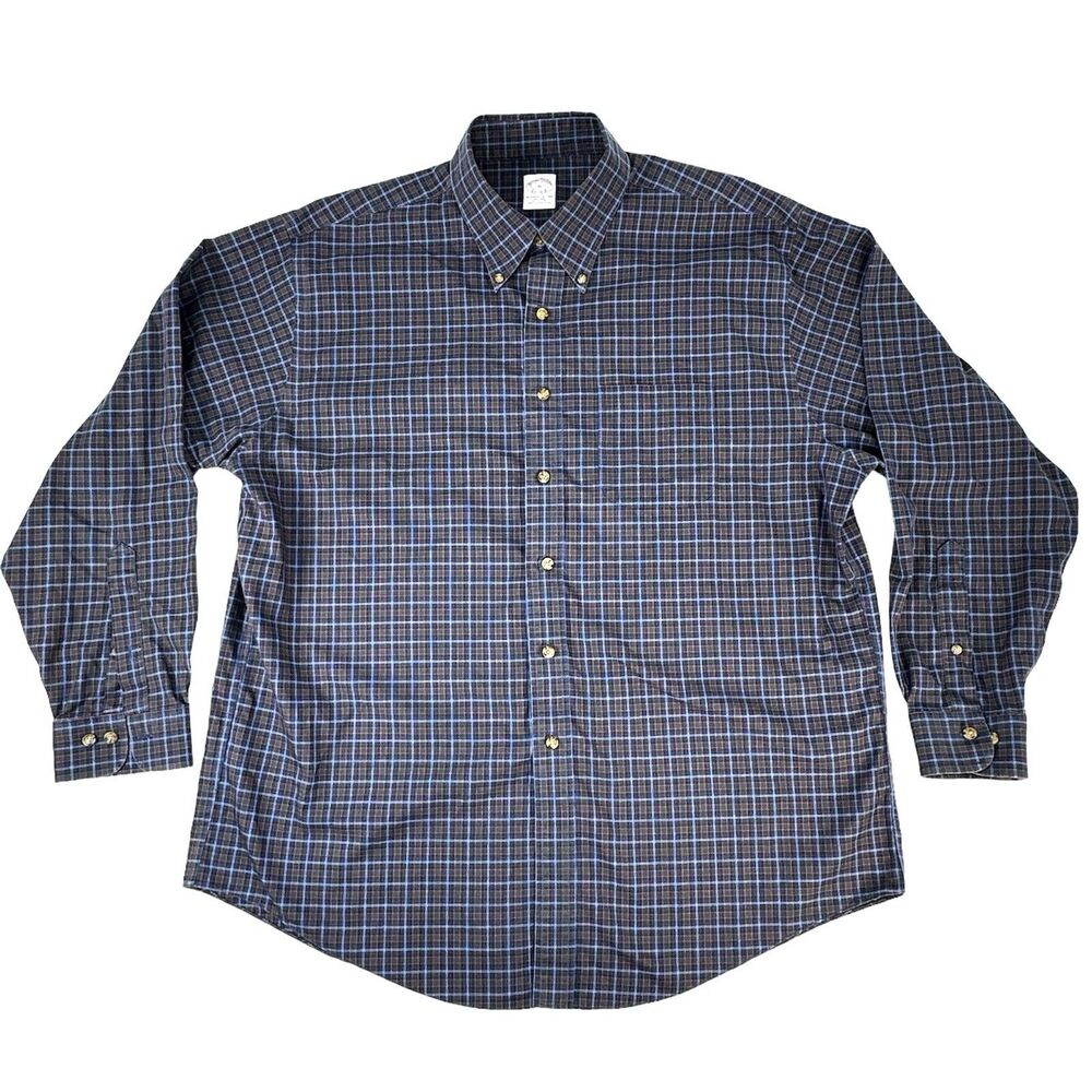 Brooks Brothers Button Down Shirt Men 16r XL Blue Check 100% Cotton Made in USA